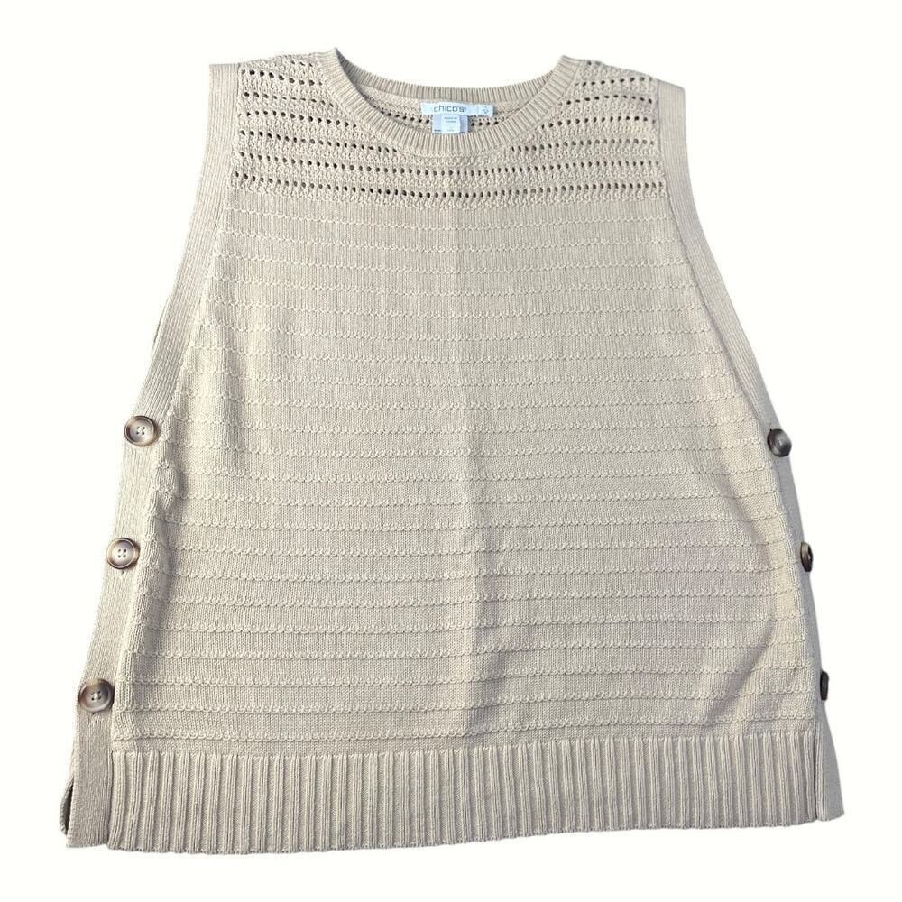 Chico’s Women’s Beige Sweater Vest With Button Sides Size-Medium